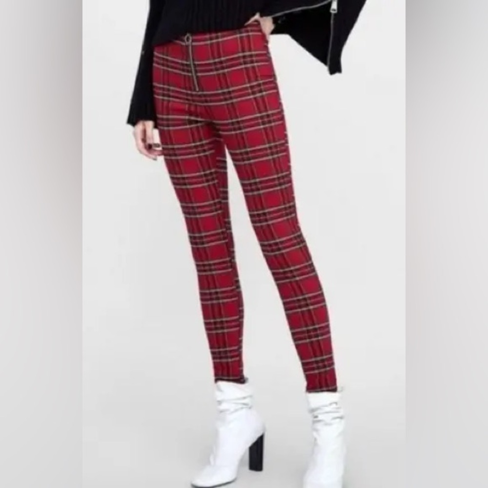ZARA BASIC Red Plaid Zip-Front Pants – Size Small